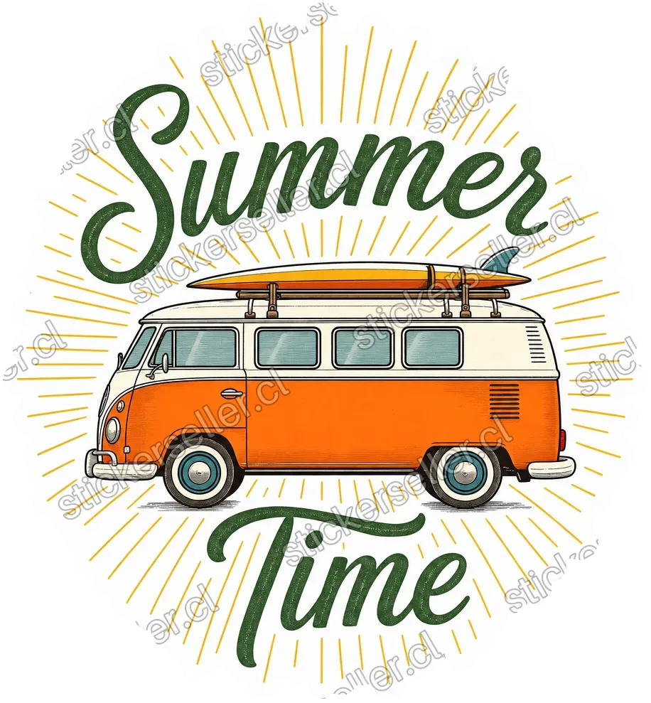 Sticker de una combi retro naranja y crema con tabla de surf, rayos dorados y el texto «Summer Time» en script verde.