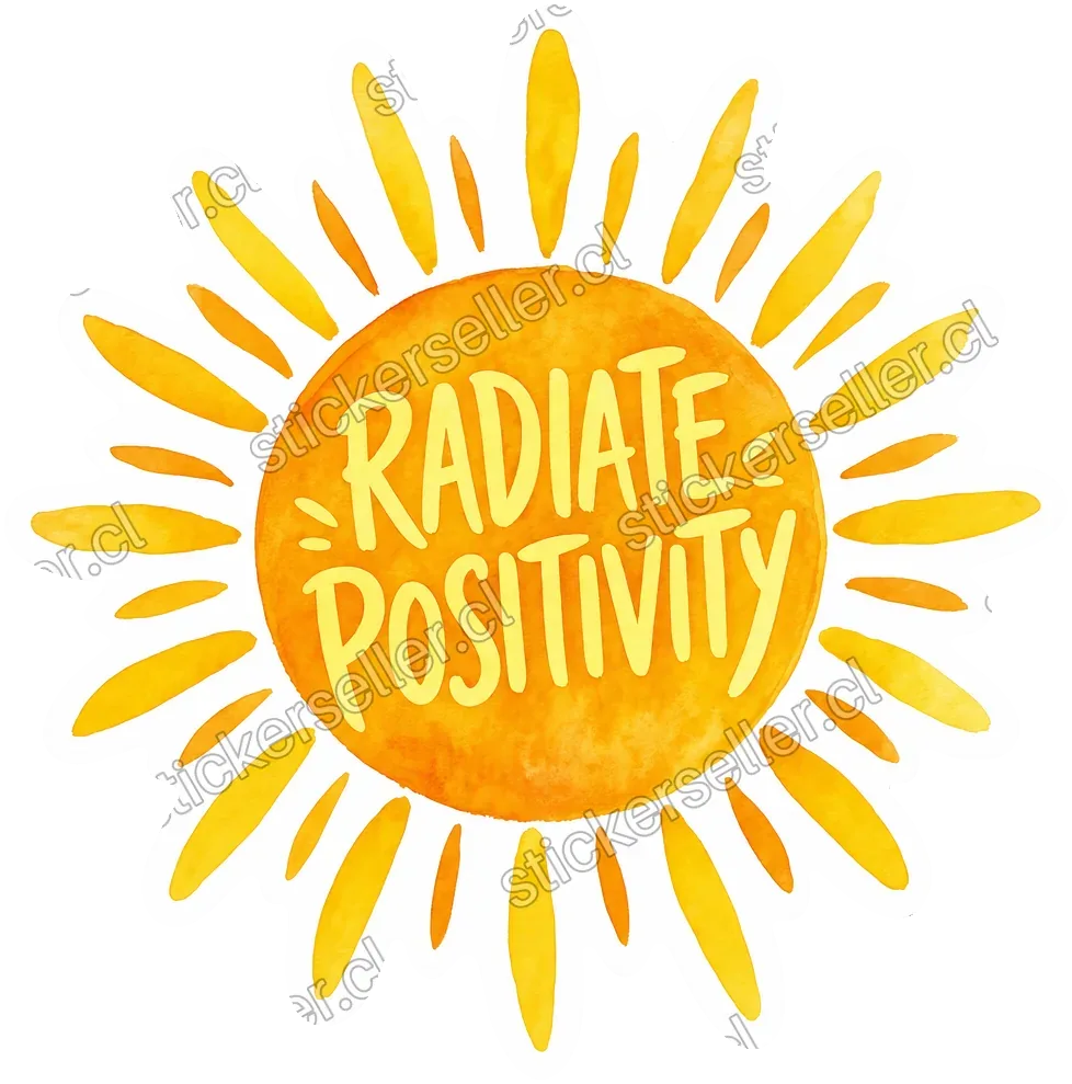 Sticker de un sol en acuarela naranja-amarilla con rayos de pincelada y la frase «RADIATE POSITIVITY» al centro.