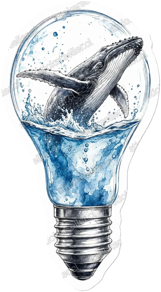 Sticker de una ballena jorobada nadando dentro de una ampolleta de vidrio llena de agua, en tinta y acuarela azul.