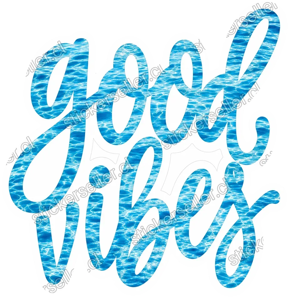 Sticker con la palabra «good vibes» en cursiva de contorno negro, rellena con textura de agua de mar azul y blanca.
