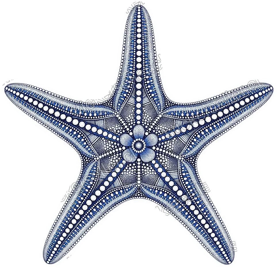 Sticker de una estrella de mar con los brazos rellenos de puntos y líneas en azul y navy formando un patrón tribal.