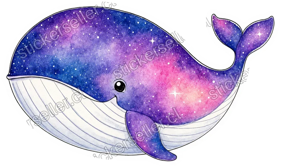 Sticker de una ballena redonda con panza blanca y el lomo pintado como una galaxia morada y rosa con estrellas blancas.