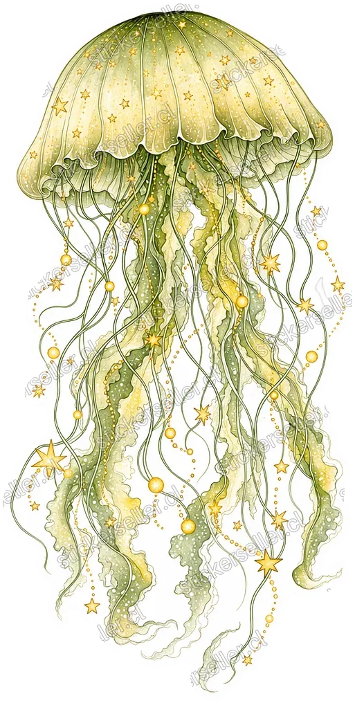Sticker de una medusa en tinta verde con tentáculos largos, punteada de estrellas doradas y puntos de luz amarilla.