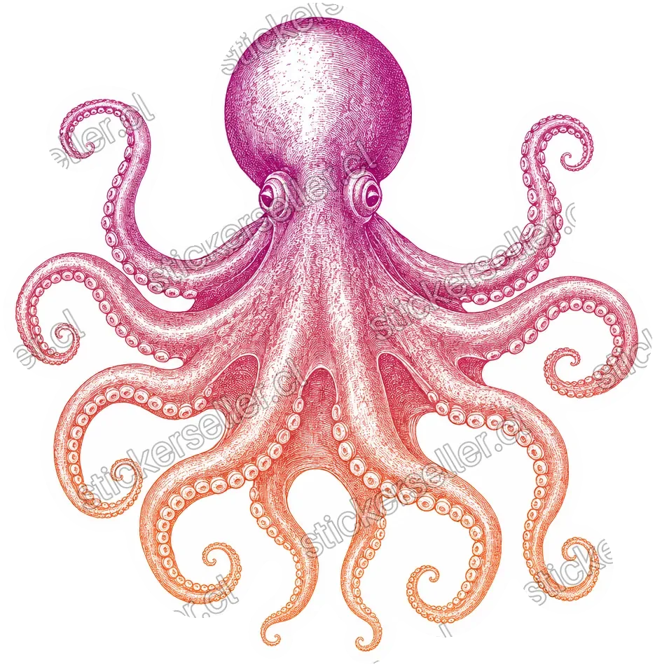 Sticker de un pulpo estilo grabado antiguo con degradado del magenta al coral naranja.