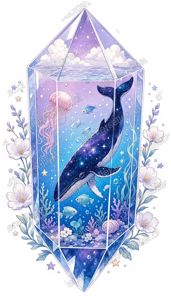 Sticker de una ballena oscura estrellada dentro de un acuario de cristal geométrico, con medusa rosada, peces y flores alrededor.