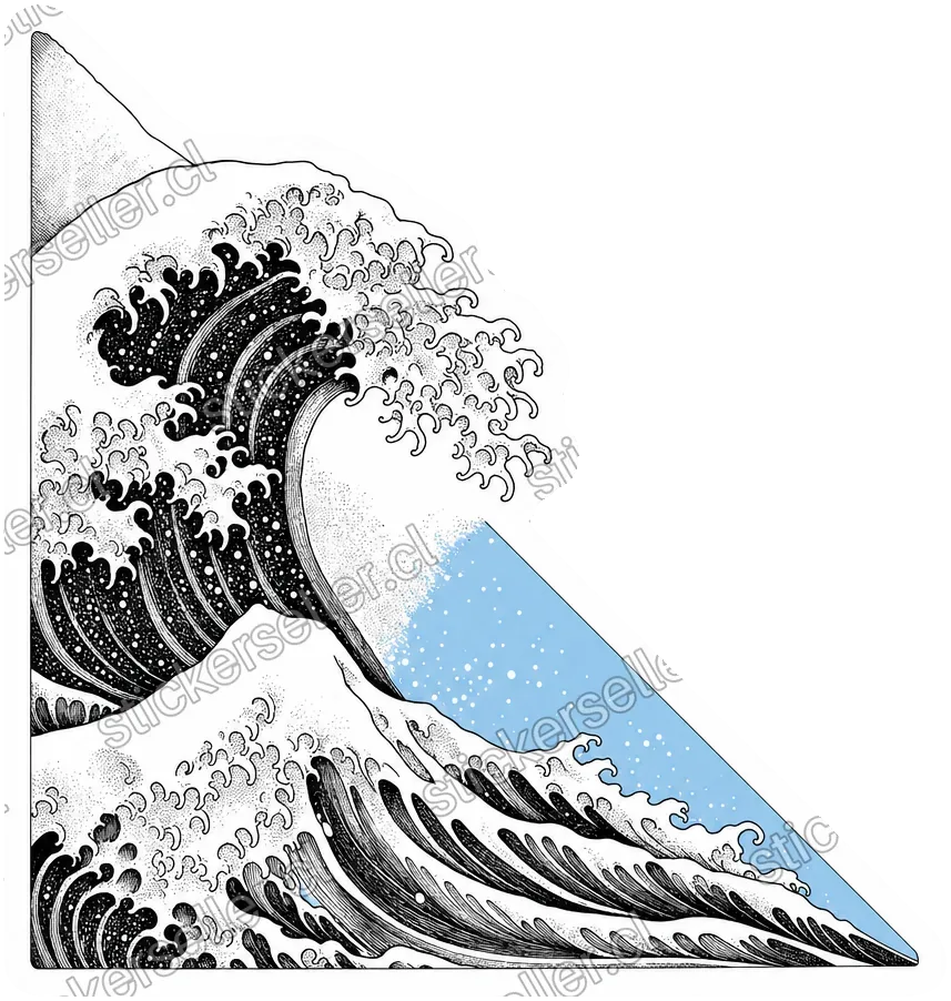 Sticker de una ola estilo Hokusai en tinta negra dentro de un triángulo, con un acento celeste en la esquina.