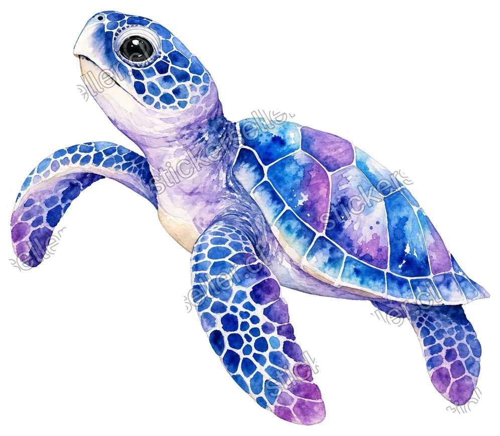 Sticker de una tortuga marina bebé en acuarela azul y morada, con caparazón estampado y un ojo grande oscuro.