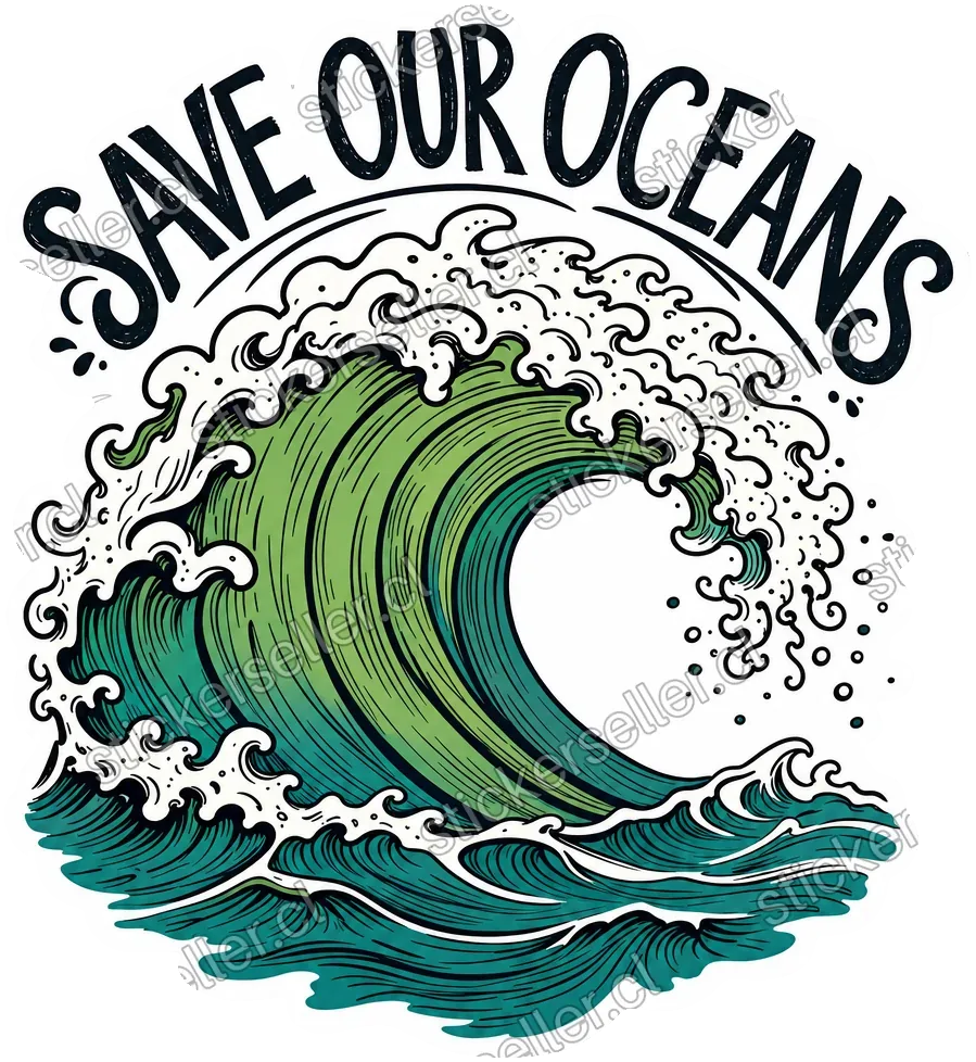 Sticker de una ola verde y turquesa rompiendo, con la frase «SAVE OUR OCEANS» a mano en un banner arqueado arriba.