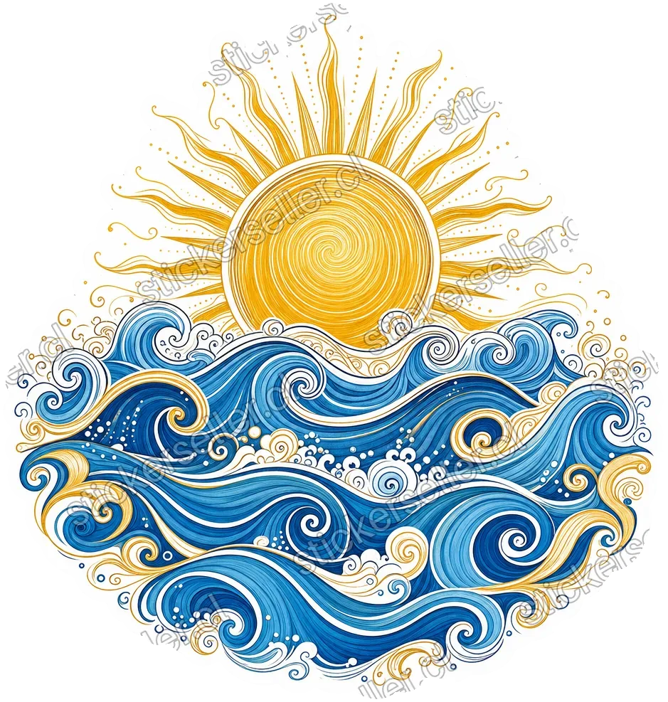 Sticker de un sol dorado con rayos elevándose sobre olas estilizadas azules y doradas de líneas curvas.