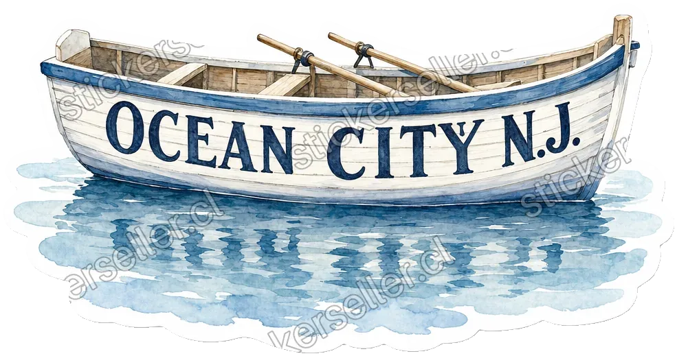 Sticker de un bote de remos blanco en acuarela con reflejo en el agua y el texto «OCEAN CITY N.J.» en el casco.