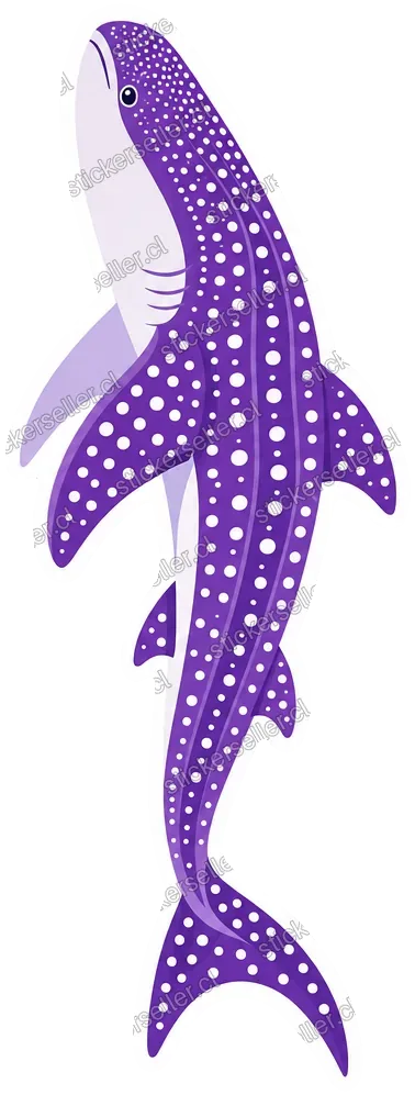 Sticker de un tiburón ballena morado con lunares blancos y panza clara, orientado verticalmente hacia arriba.