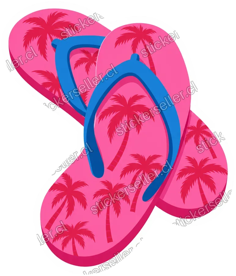 Sticker de un par de sandalias de dedo rosadas con tiras azules y siluetas rojas de palmeras en la suela.