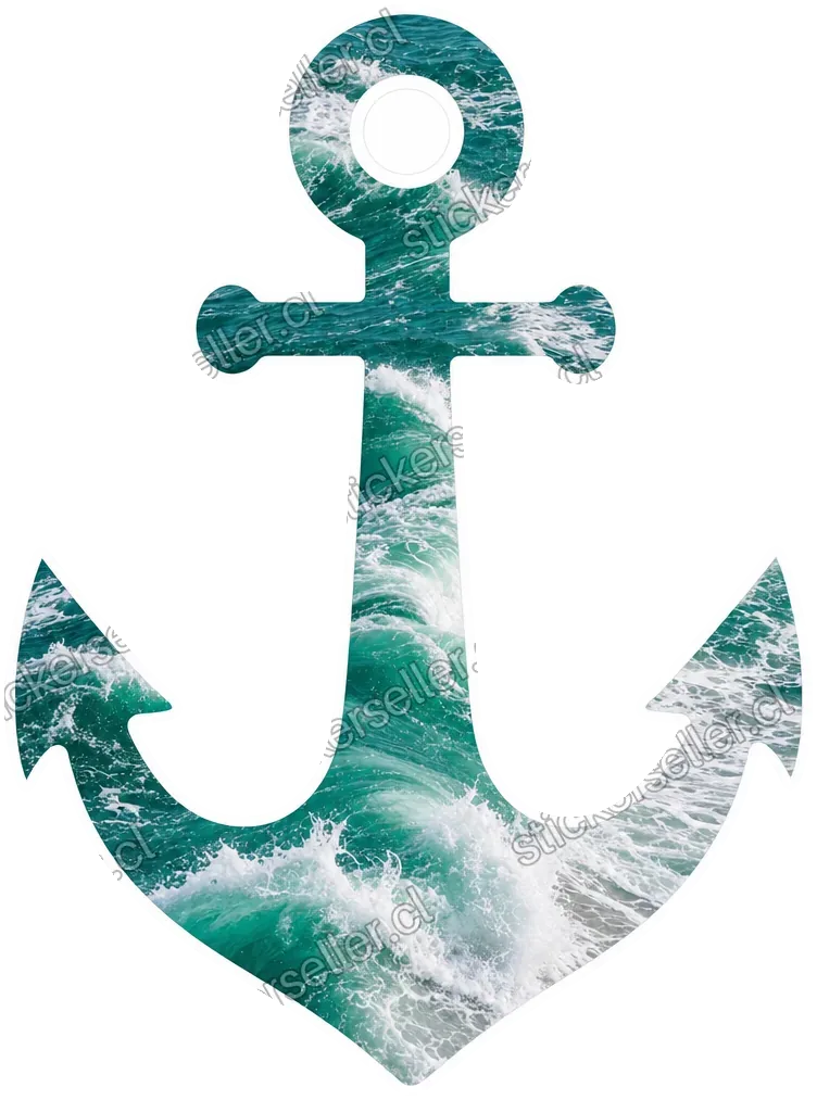Sticker de una silueta de ancla rellena con una foto de olas turquesa y espuma blanca, con contorno blanco.