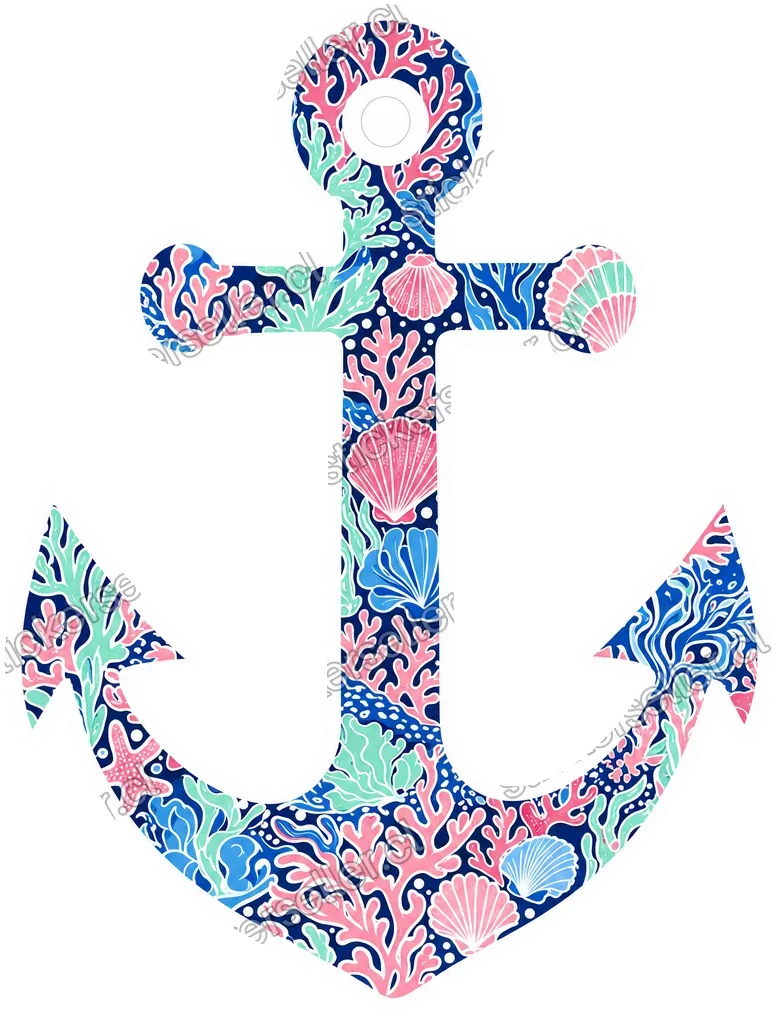 Sticker de una silueta de ancla rellena con un patrón de corales y conchas en navy, azul, rosa y menta, con contorno blanco.
