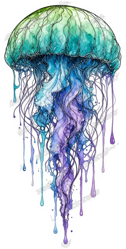 Sticker de una medusa de campana verde y turquesa cuyos tentáculos se derriten en gotas de acuarela azul y morada.