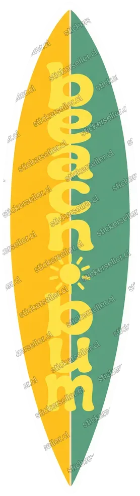 Sticker de una tabla de surf mitad amarilla mitad verde, con «beach bum» escrito en vertical y un pequeño sol.