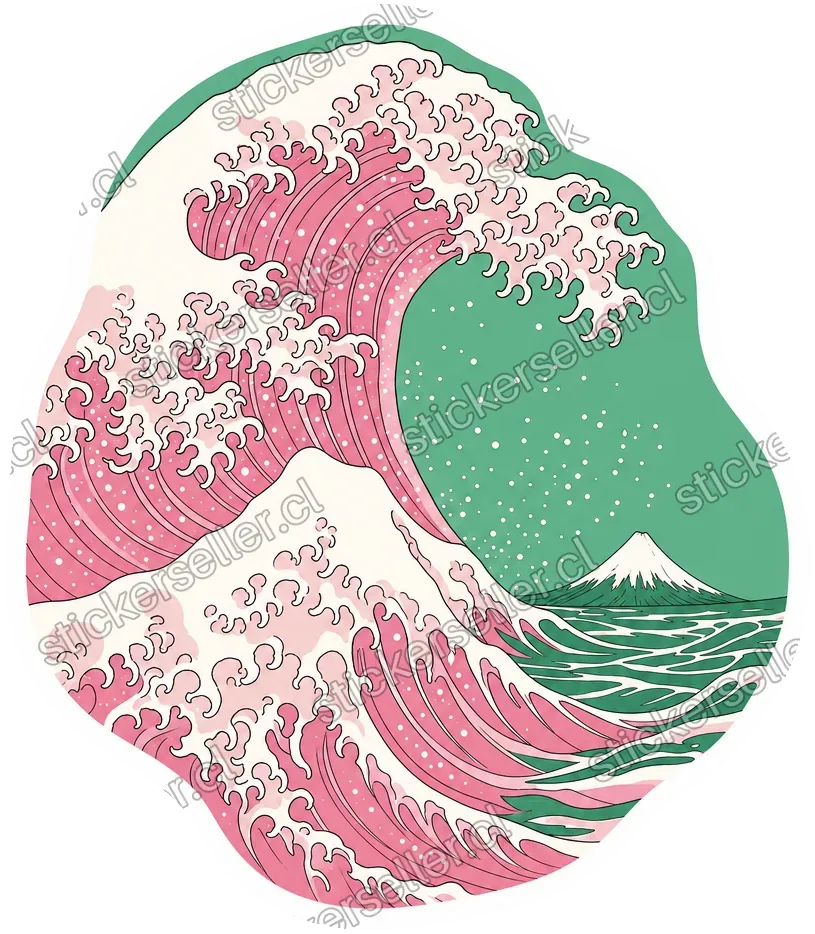 Sticker de una ola estilo Hokusai en rosa con espuma blanca, sobre cielo y mar verdes y un pequeño monte Fuji nevado.