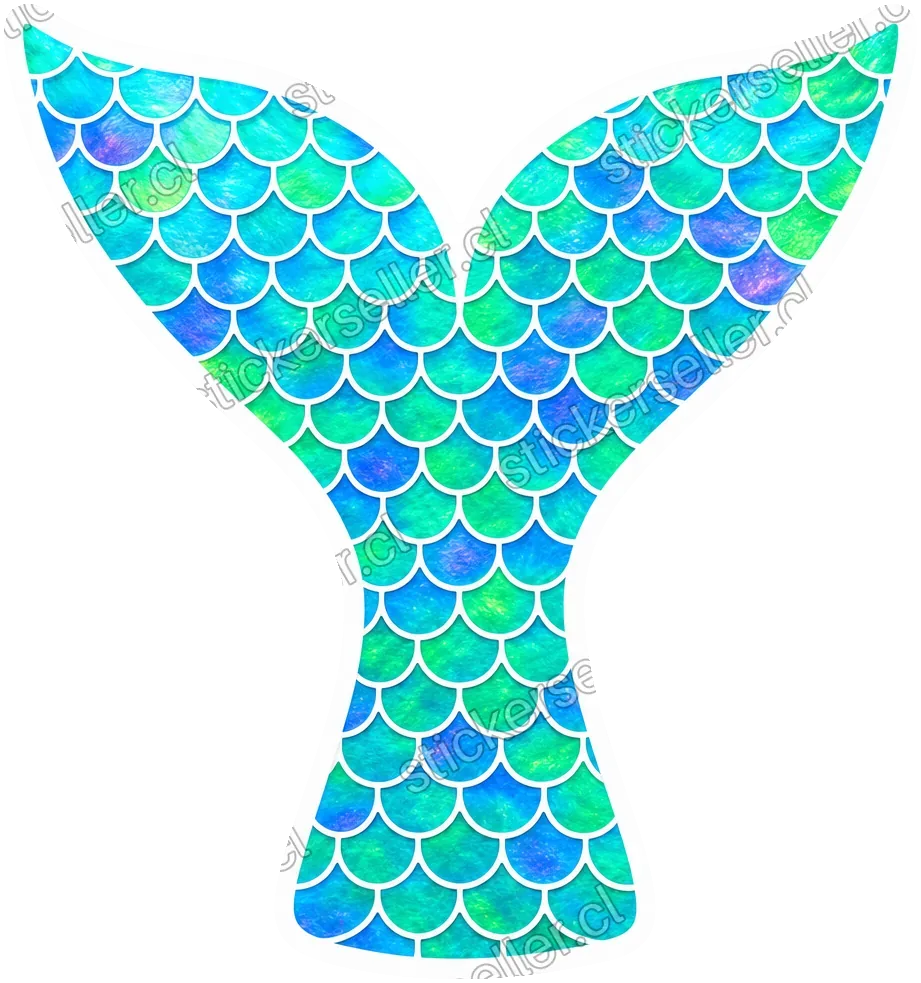 Sticker de una cola de sirena rellena con un patrón de escamas iridiscente azul-verde, con contorno blanco.