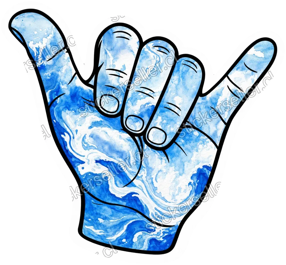 Sticker de una mano haciendo el gesto shaka, rellena de acuarela marmolada azul y blanca con contorno negro.