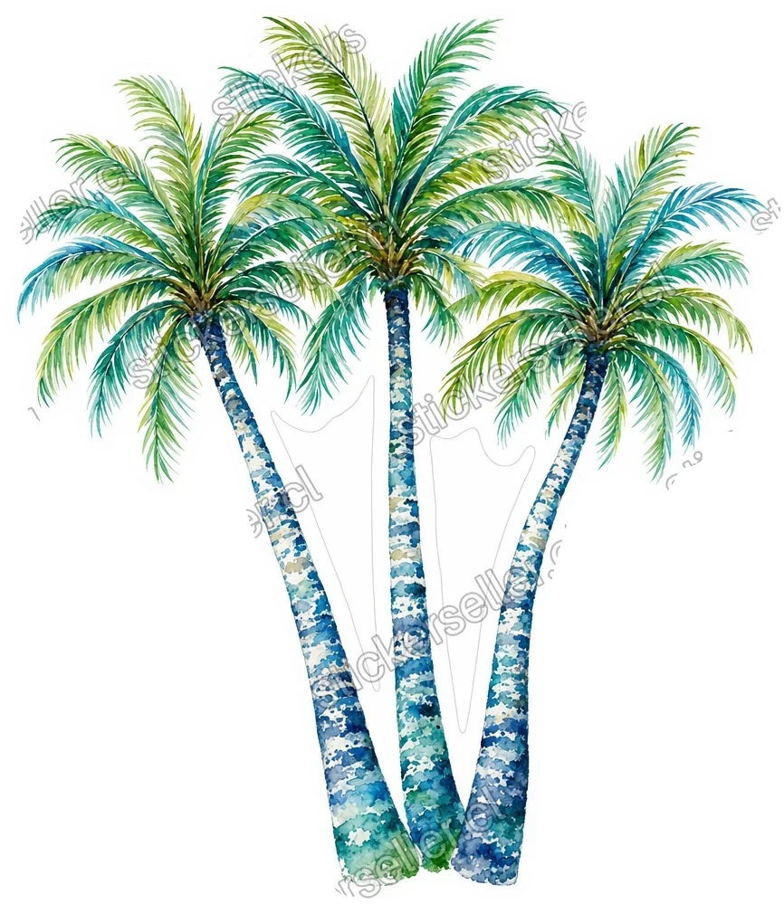 Sticker de tres palmeras esbeltas con frondas verde-turquesa y troncos moteados de azul, en acuarela.