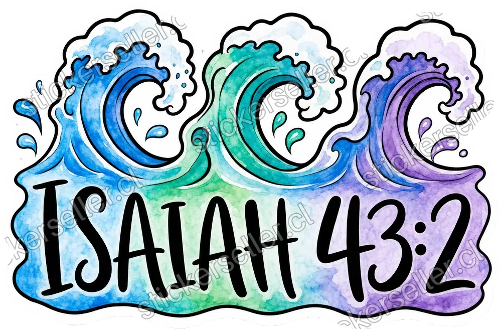 Sticker de tres olas en contorno negro rellenas de acuarela azul-verde-morada, con el texto «ISAIAH 43:2» a mano.