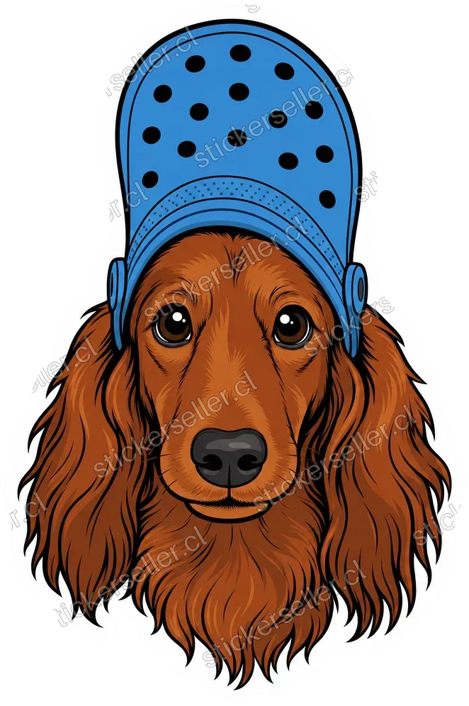 Sticker de la cabeza de un perro salchicha café rojizo usando un zueco Croc azul como gorro, en contorno negro.