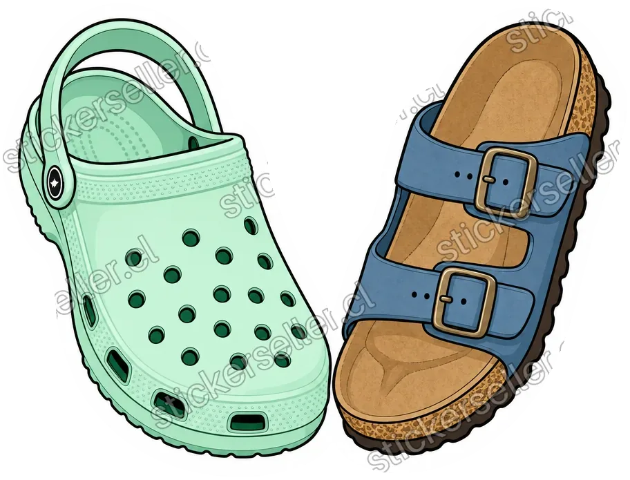 Sticker de un zueco Croc verde menta junto a una sandalia de corcho con dos tiras abrochadas, en contorno limpio.