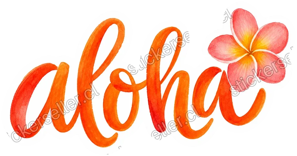 Sticker con la palabra «aloha» en acuarela naranja-roja y una flor de plumeria rosa coral con centro amarillo.