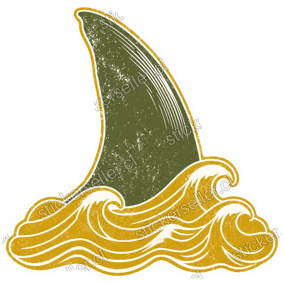 Sticker de una aleta dorsal verde olivo sobre olas doradas, con textura desgastada de serigrafía y contorno amarillo.
