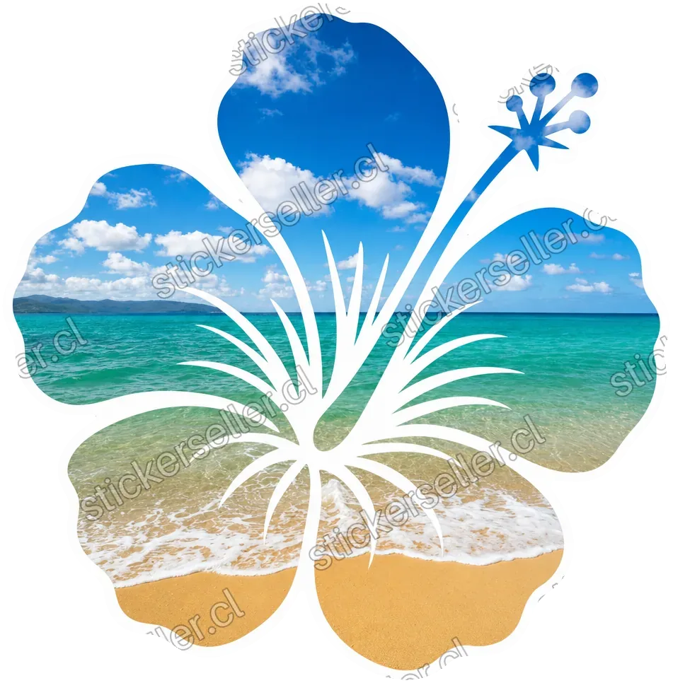 Sticker de una flor de hibisco cuyo interior está relleno con una foto de playa: cielo azul, mar verde y arena dorada.