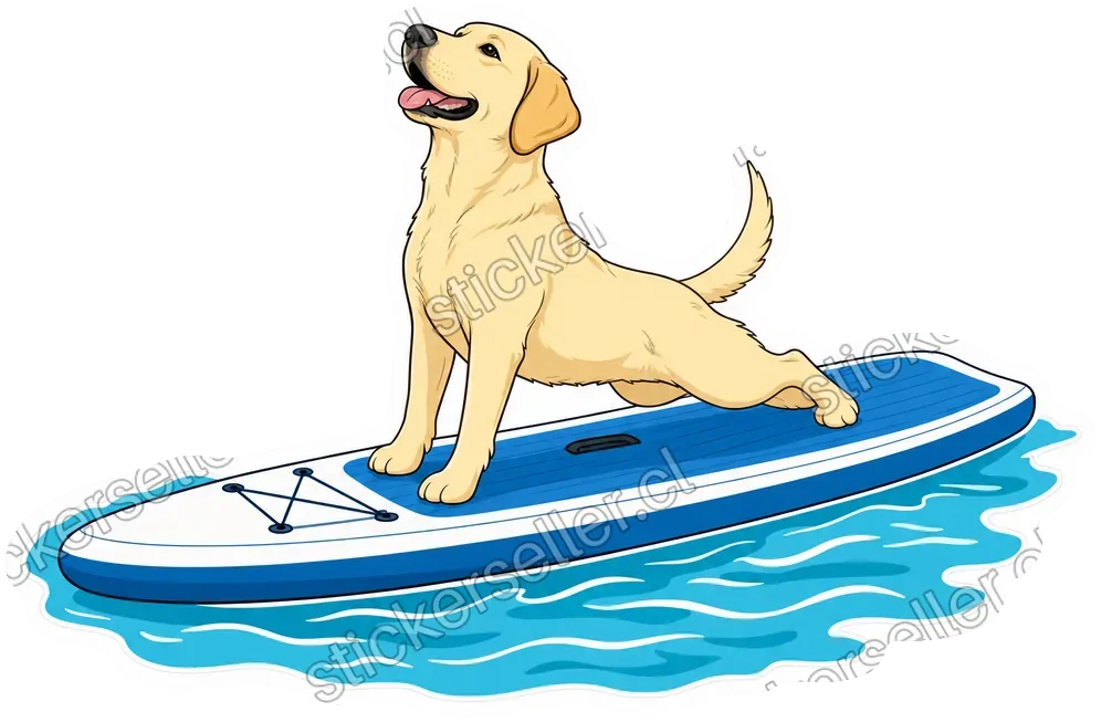 Sticker de un labrador amarillo estirado sobre una tabla de paddle azul y blanca flotando en el agua.