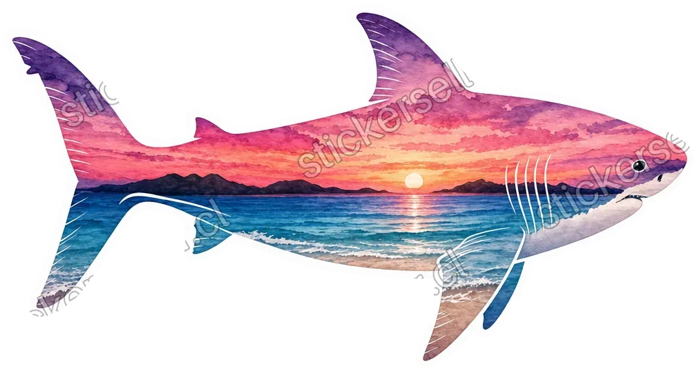 Sticker de una silueta de tiburón rellena con un atardecer de playa en acuarela rosa, morado y azul, con contorno blanco.