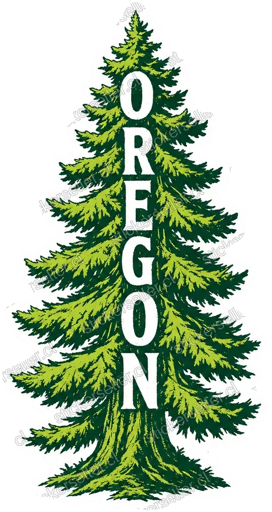 Sticker de un pino alto en verde oscuro y lima con la palabra «OREGON» en vertical por el tronco en blanco.