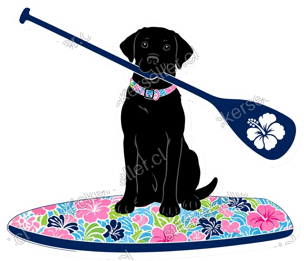 Sticker de la silueta de un labrador negro sobre una tabla de paddle con estampado floral, sosteniendo un remo navy en el hocico.