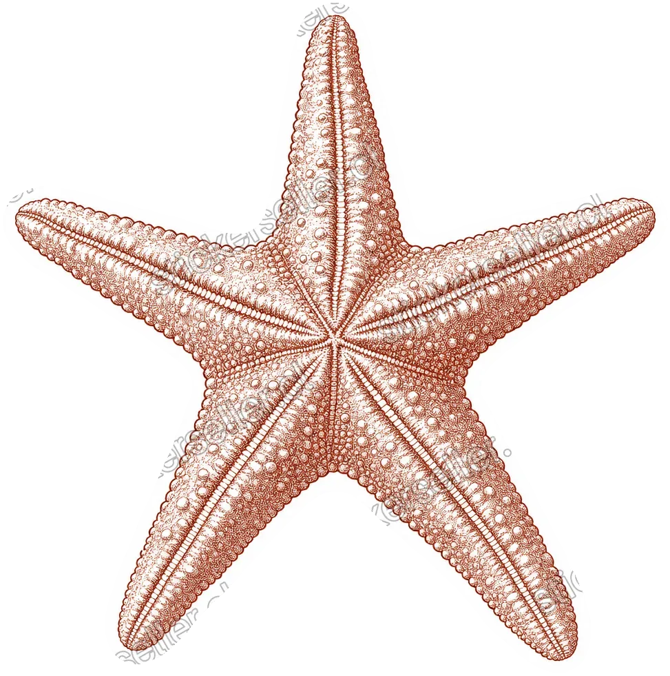 Sticker de una estrella de mar en estilo grabado antiguo, color rojo óxido, con piel punteada y crestas en los brazos.