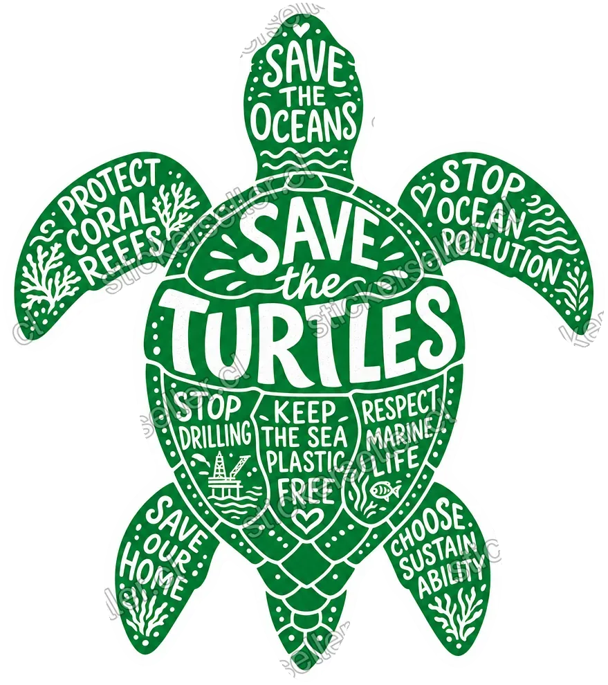 Sticker de una silueta de tortuga verde rellena con consignas de conservación del mar en letras blancas.
