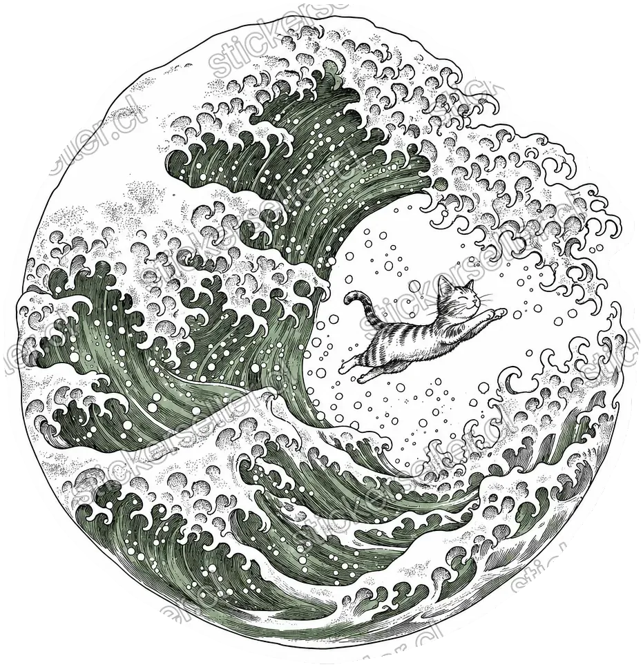 Sticker de una ola estilo Hokusai en tinta negra con acentos verde salvia y un gatito saltando entre la espuma.