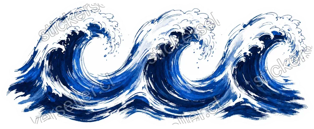 Sticker de tres olas en pinceladas sueltas de azul navy y cobalto con espuma blanca, en una banda horizontal.