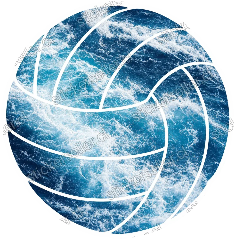 Sticker de un balón de vóleibol cuyos paneles están rellenos con textura de agua de mar azul y blanca.