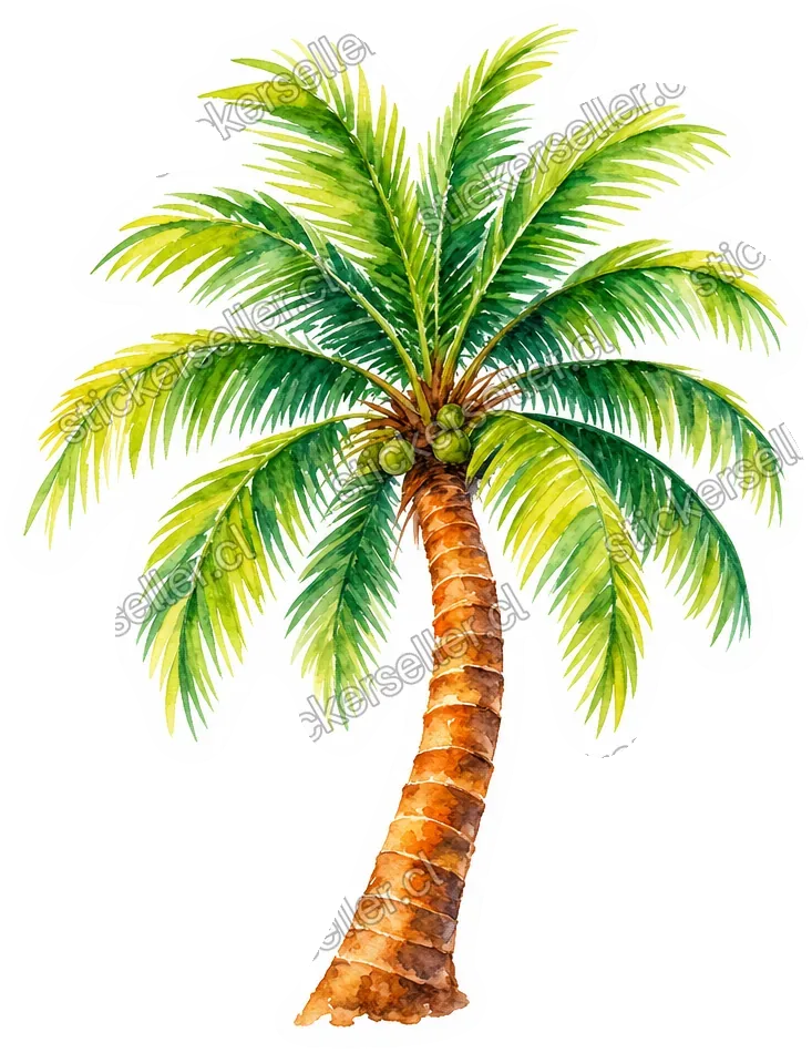 Sticker de una palmera de coco con frondas verde-lima y tronco curvo naranja-café, en acuarela.