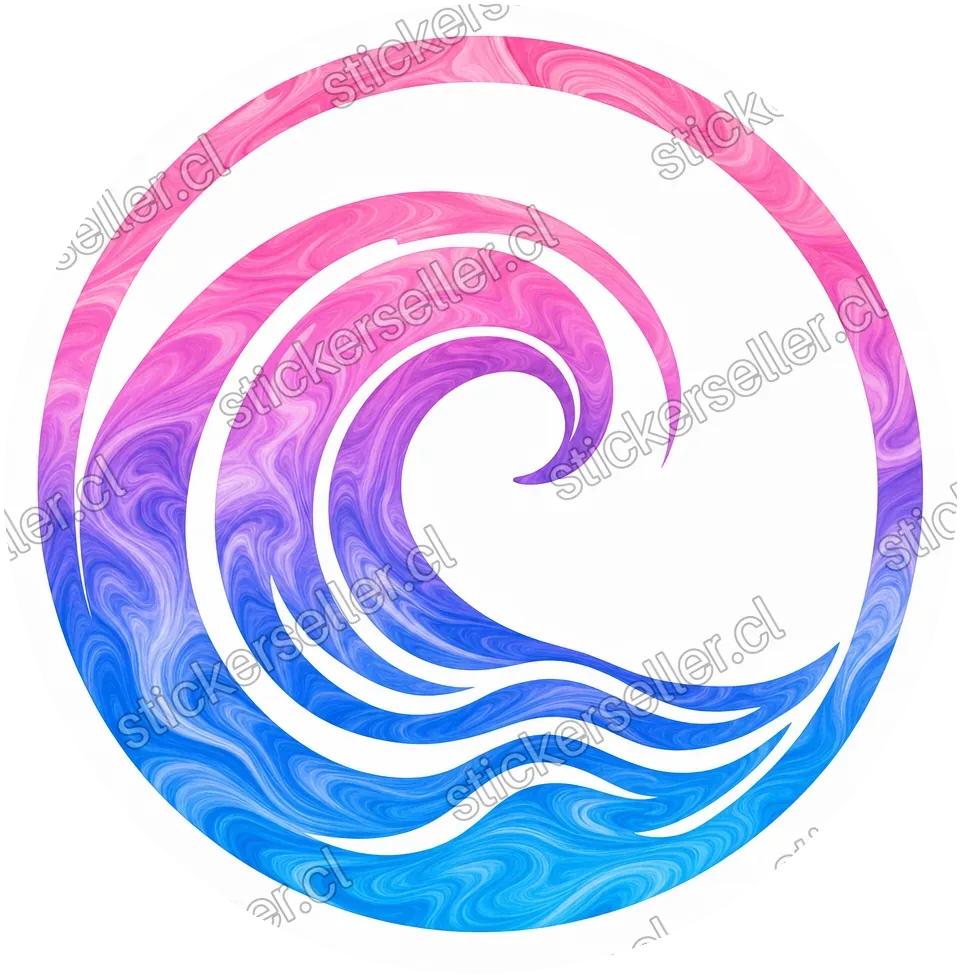 Sticker de una ola curva en espiral dentro de un aro circular, con trazo grueso en degradado marmolado rosa-morado-azul.