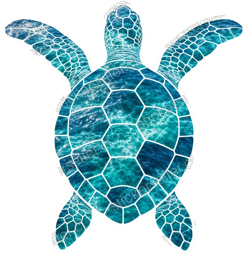 Sticker de una tortuga marina vista desde arriba con el caparazón relleno de agua de mar turquesa y azul.