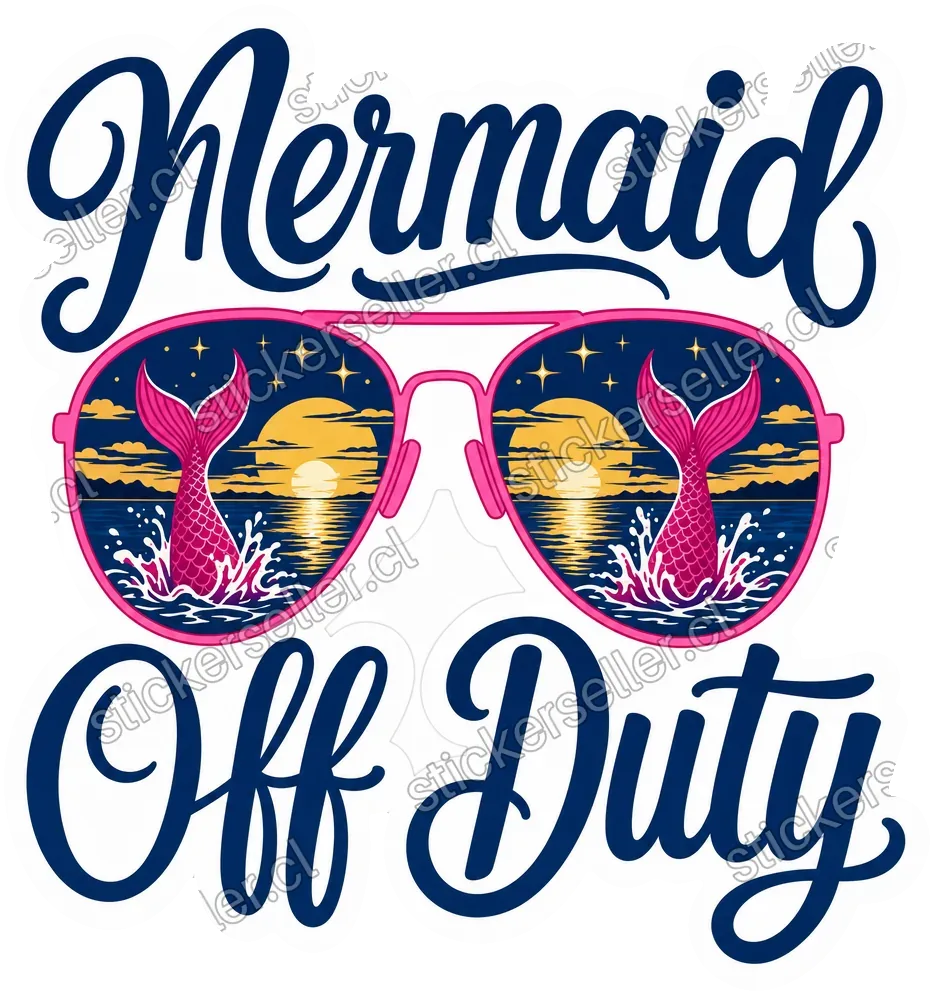 Sticker con anteojos de sol de marco rosa cuyos lentes muestran un atardecer con colas de sirena magenta, y el texto «Mermaid Off Duty» en script.