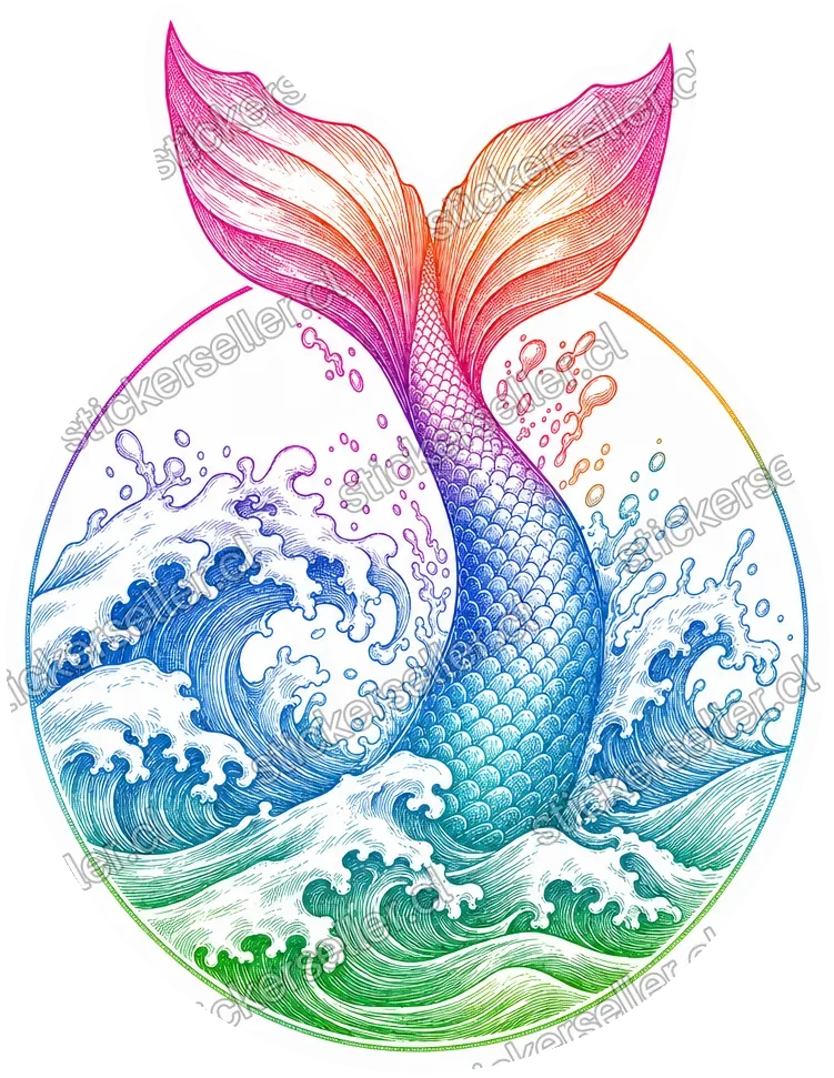Sticker de una cola de sirena saliendo de olas estilo Hokusai, en líneas de tinta con degradado arcoíris magenta-azul-verde, dentro de un círculo.