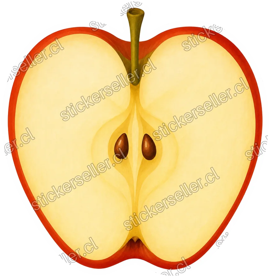 Sticker de una manzana cortada a la mitad mostrando su carne color crema y canela, con dos semillas al centro y un tallo verde oliva.
