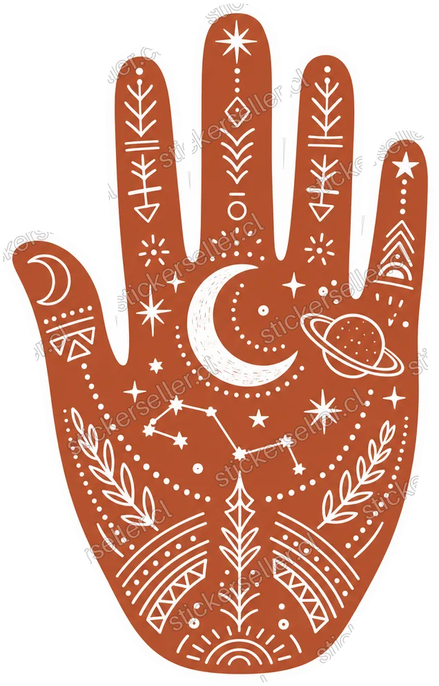 Sticker de una mano abierta color arcilla con símbolos celestiales —luna, estrellas, planeta— dibujados en líneas blancas.