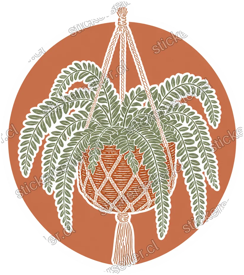 Sticker de una planta colgante en maceta tejida naranja rojizo, dentro de un círculo terracota.