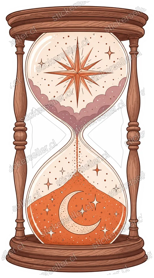 Sticker de un reloj de arena en tonos durazno y terracota, con un estallido de estrella arriba y luna creciente en la arena.