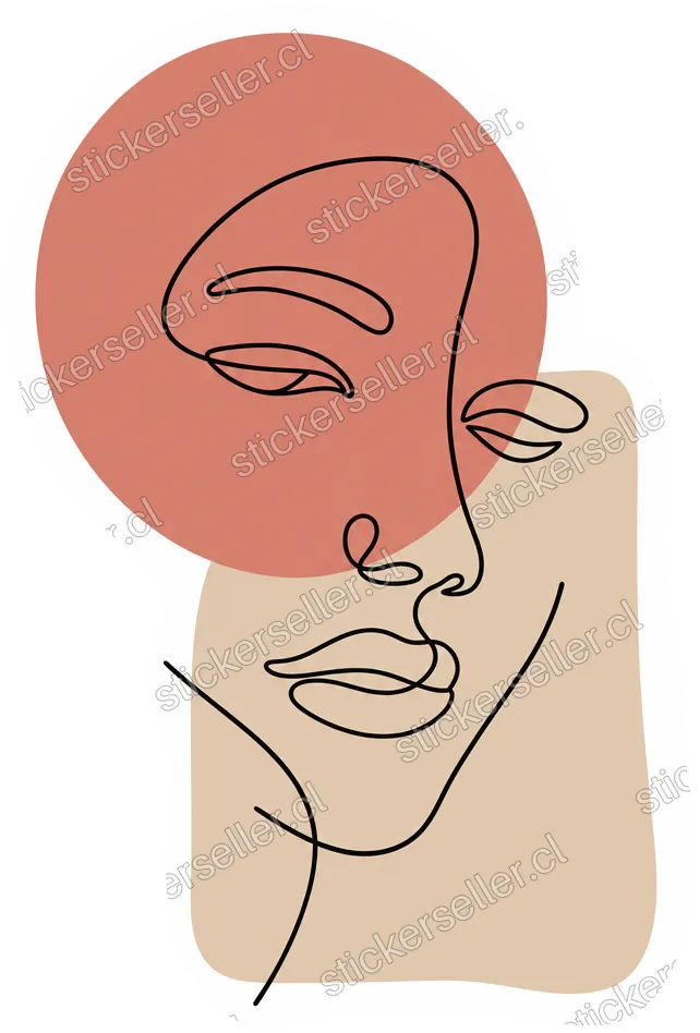 Sticker de un rostro dibujado en una sola línea negra continua, sobre un círculo terracota y un rectángulo beige.