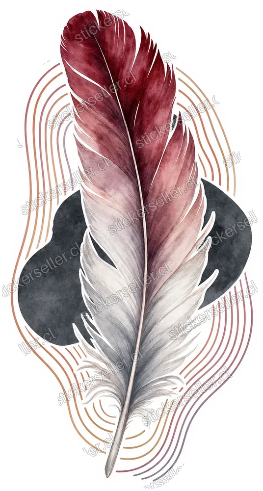 Sticker de una pluma en acuarela granate y gris, sobre finas líneas de arco y un blob gris oscuro.